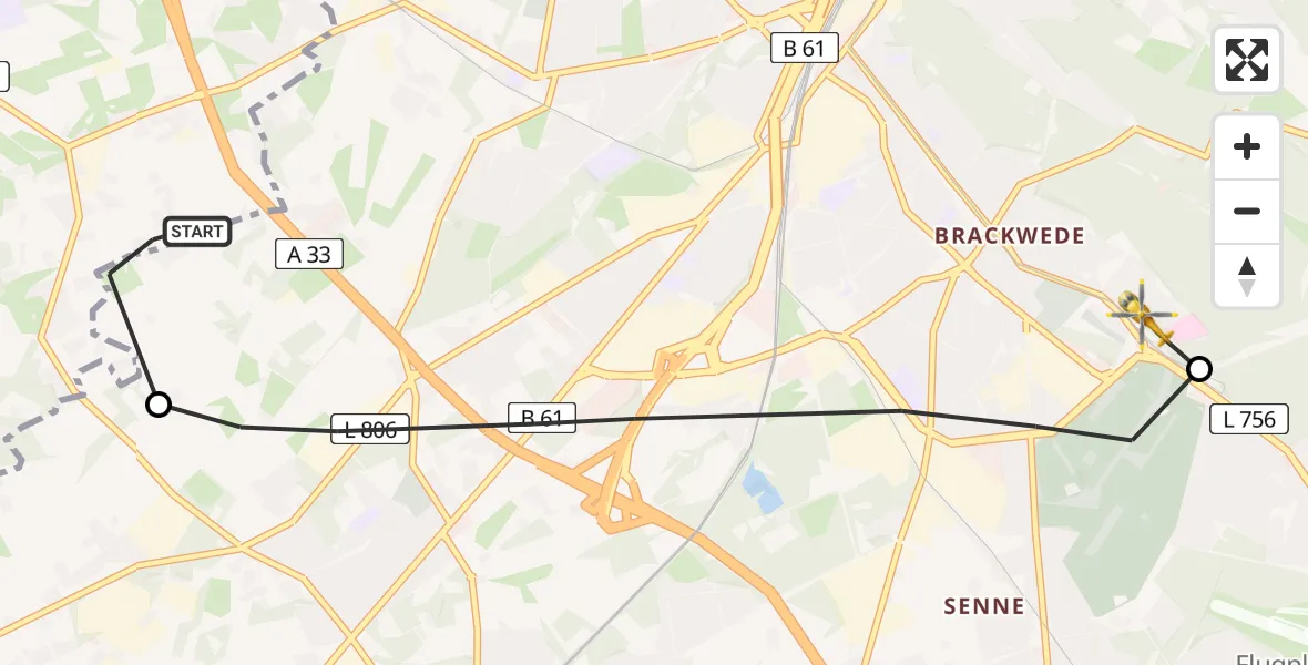 Flugroute Rettungshubschrauber Steinhagen - Luftrettungszentrum Bielefeld, 08 Juli 2026, 12:08