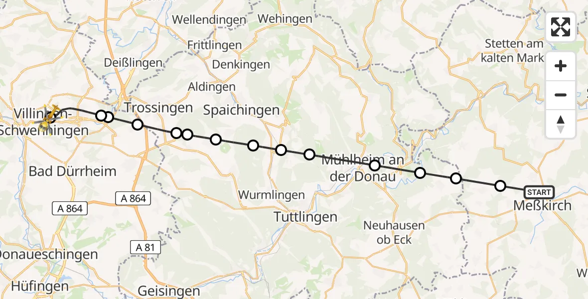 Flugroute Ambulanzhubschrauber Meßkirch - DRF Air Rescue Station Villingen-Schwenningen Hubschrauberlandeplatz (Christoph 11), 08 Juli 2026, 12:09