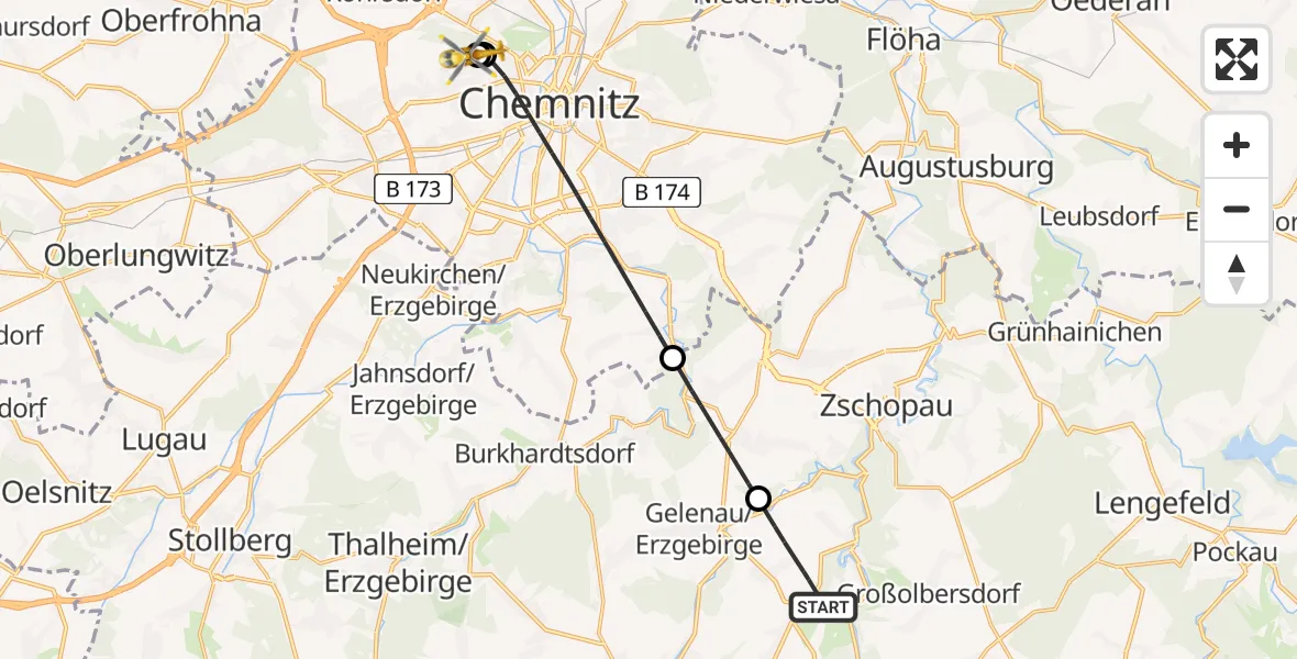 Flugroute Rettungshubschrauber Drebach - Flemmingstraße Hospital Rooftop, 08 Juli 2026, 12:12