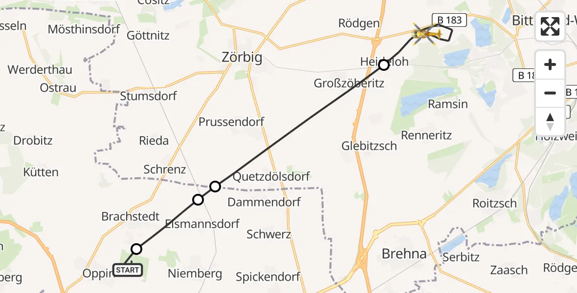 Flugroute Rettungshubschrauber Halle-Oppin Flugplatz - Sandersdorf-Brehna, 08 Juli 2026, 12:12