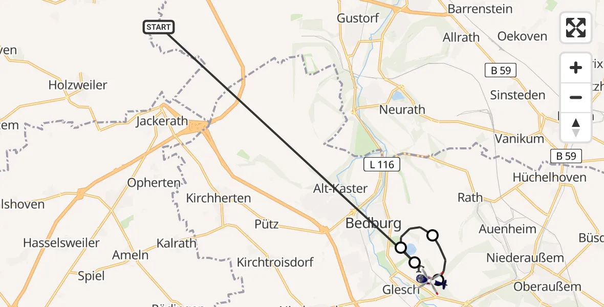 Flugroute Polizeihubschrauber Erkelenz - Bergheim Flugplatz, 08 Juli 2026, 12:16