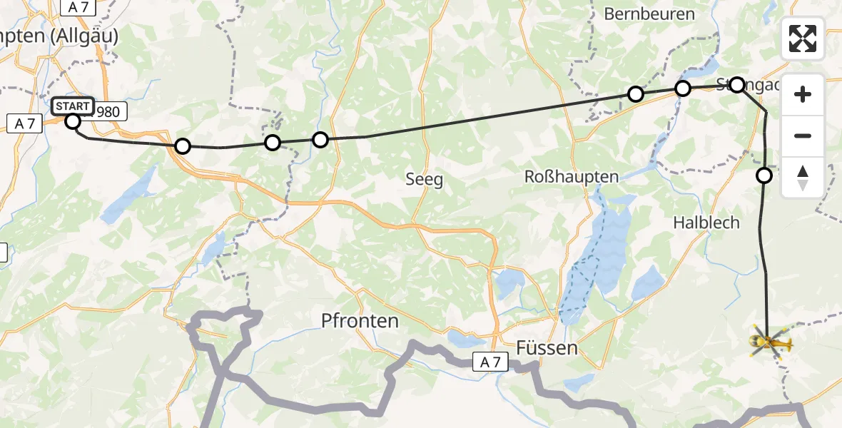 Flugroute Rettungshubschrauber Kempten-Durach Flugplatz - Halblech, 08 Juli 2026, 12:17