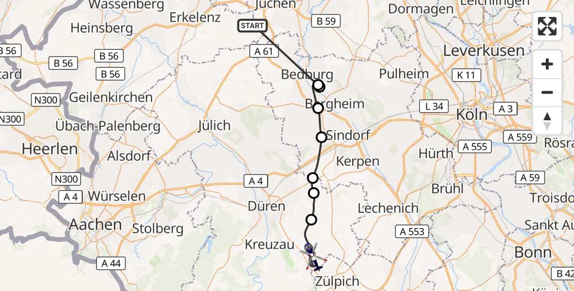 Flugroute Polizeihubschrauber Erkelenz - Vettweiß, 08 Juli 2026, 12:19