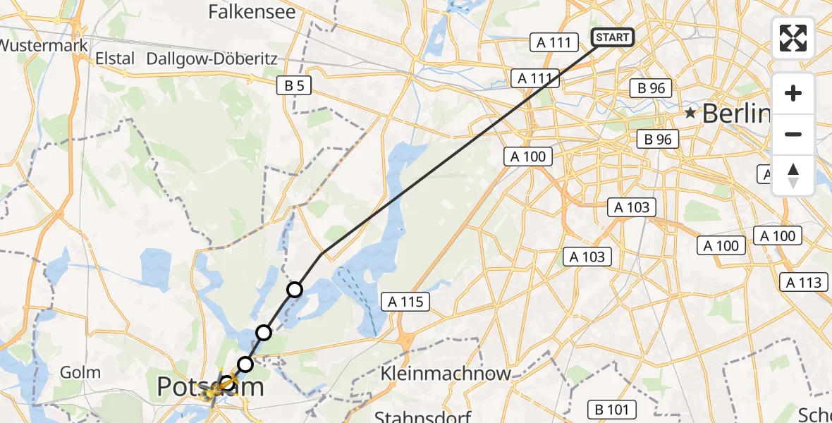 Flugroute Rettungshubschrauber Berlin - Ernst von Bergmann Clinic Hubschrauberlandeplatz, 08 Juli 2026, 12:25