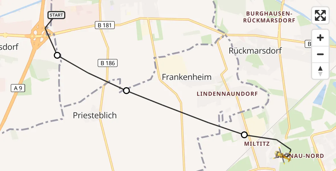 Flugroute Rettungshubschrauber ADAC Air Rescue Station Leipzig/Schkeuditz-Dölzig Hubschrauberlandeplatz (Christoph 61) - Leipzig, 08 Juli 2026, 12:27