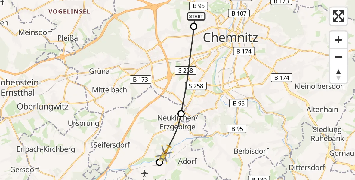 Flugroute Rettungshubschrauber Flemmingstraße Hospital Rooftop - Neukirchen/Erzgeb., 08 Juli 2026, 12:30