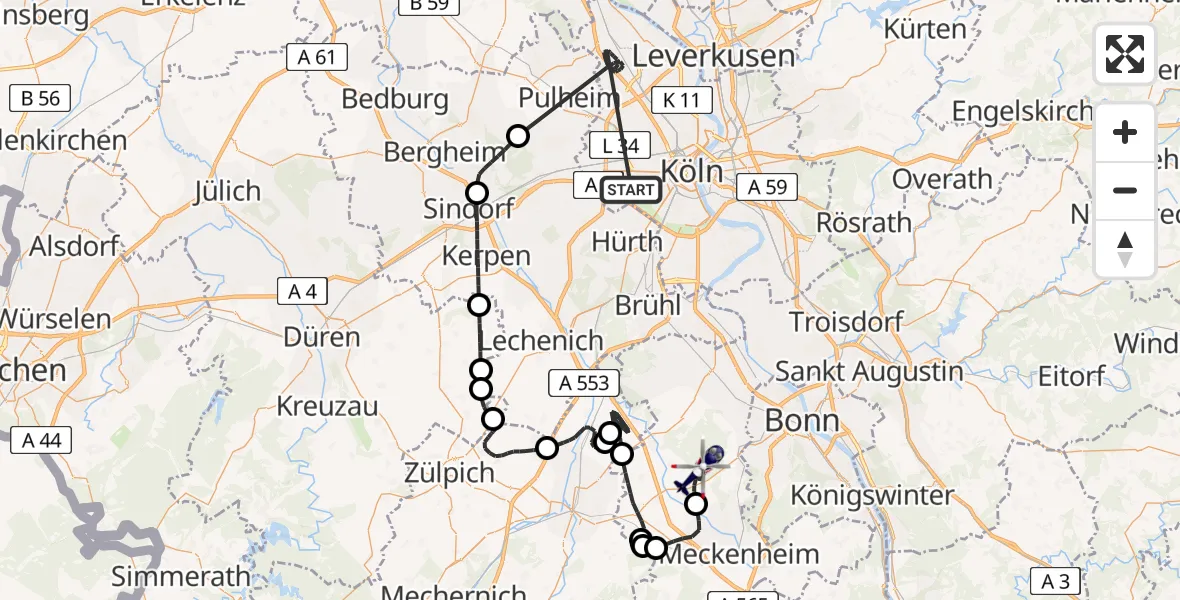 Flugroute Polizeihubschrauber Köln - Swisttal, 08 Juli 2026, 12:30