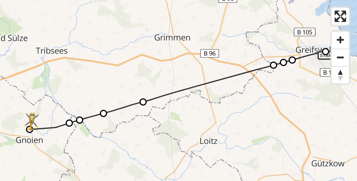 Flugroute Rettungshubschrauber Greifswald Hospital - Gnoien, 08 Juli 2026, 12:31