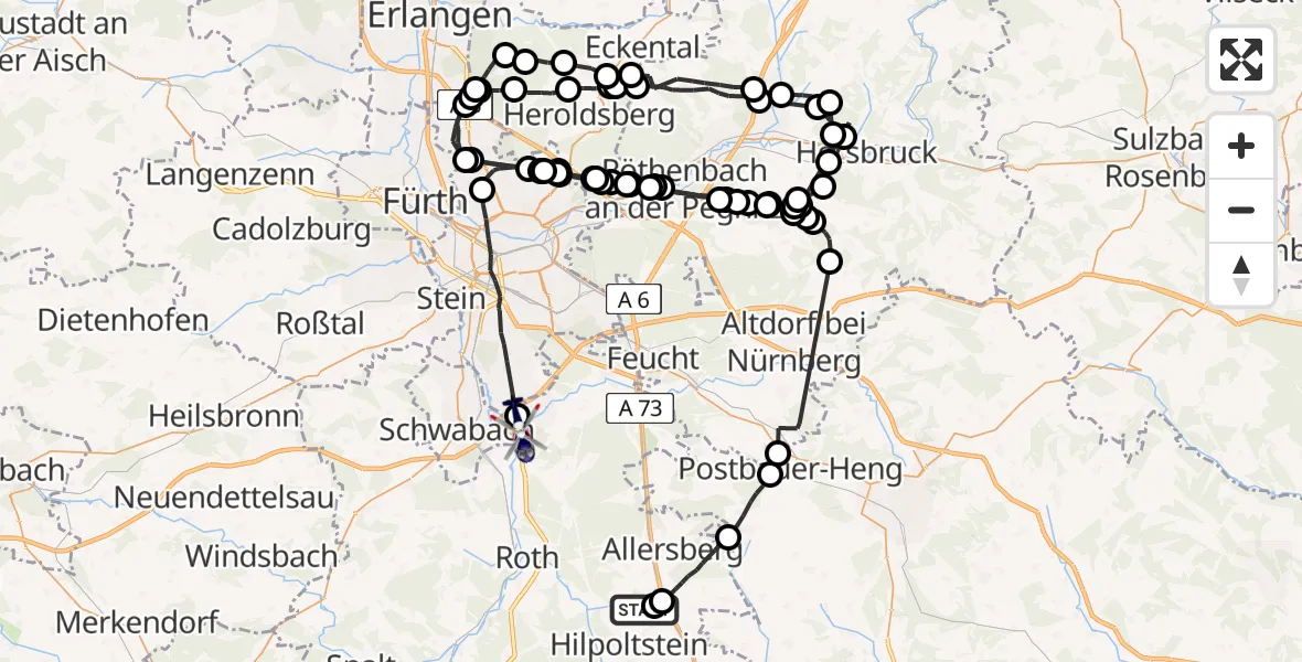 Flugroute Polizeihubschrauber Allersberg - Wendelstein, 08 Juli 2026, 12:30
