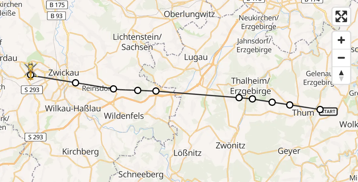 Flugroute Rettungshubschrauber Drebach - ADAC Air Rescue Station Zwickau Hubschrauberlandeplatz, 08 Juli 2026, 12:32