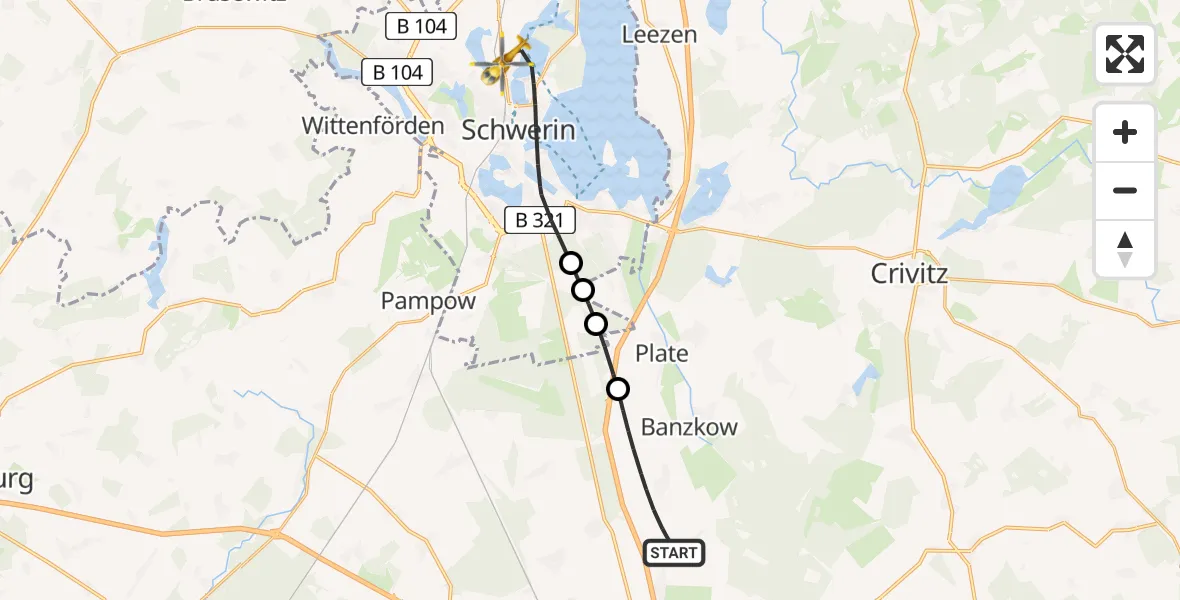 Flugroute Rettungshubschrauber Banzkow - Schwerin, 08 Juli 2026, 12:39