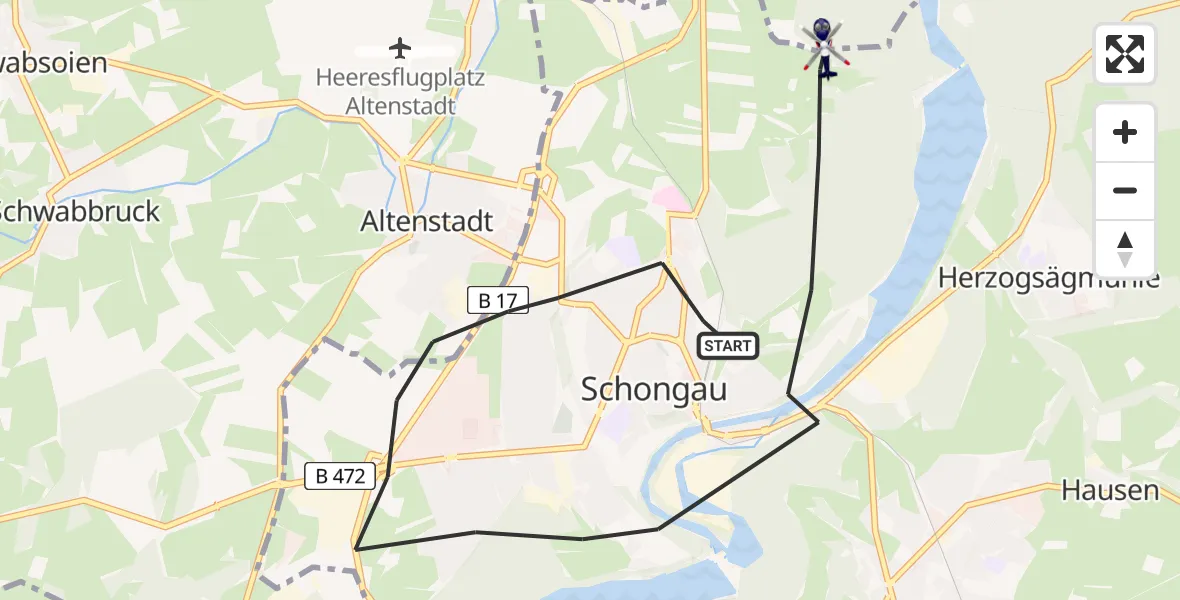 Flugroute Polizeihubschrauber Schongau - Schongau, 08 Juli 2026, 12:39