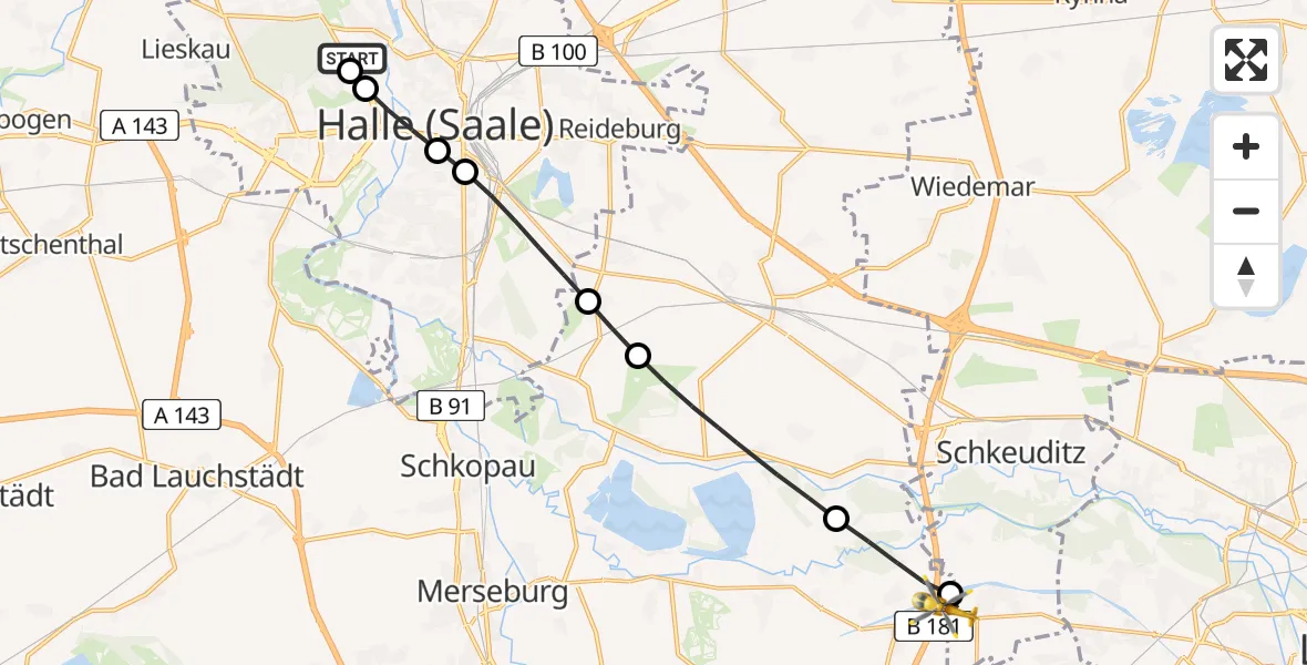 Flugroute Rettungshubschrauber Halle (Saale) University Hospital - ADAC Air Rescue Station Leipzig/Schkeuditz-Dölzig Hubschrauberlandeplatz (Christoph 61), 08 Juli 2026, 12:40