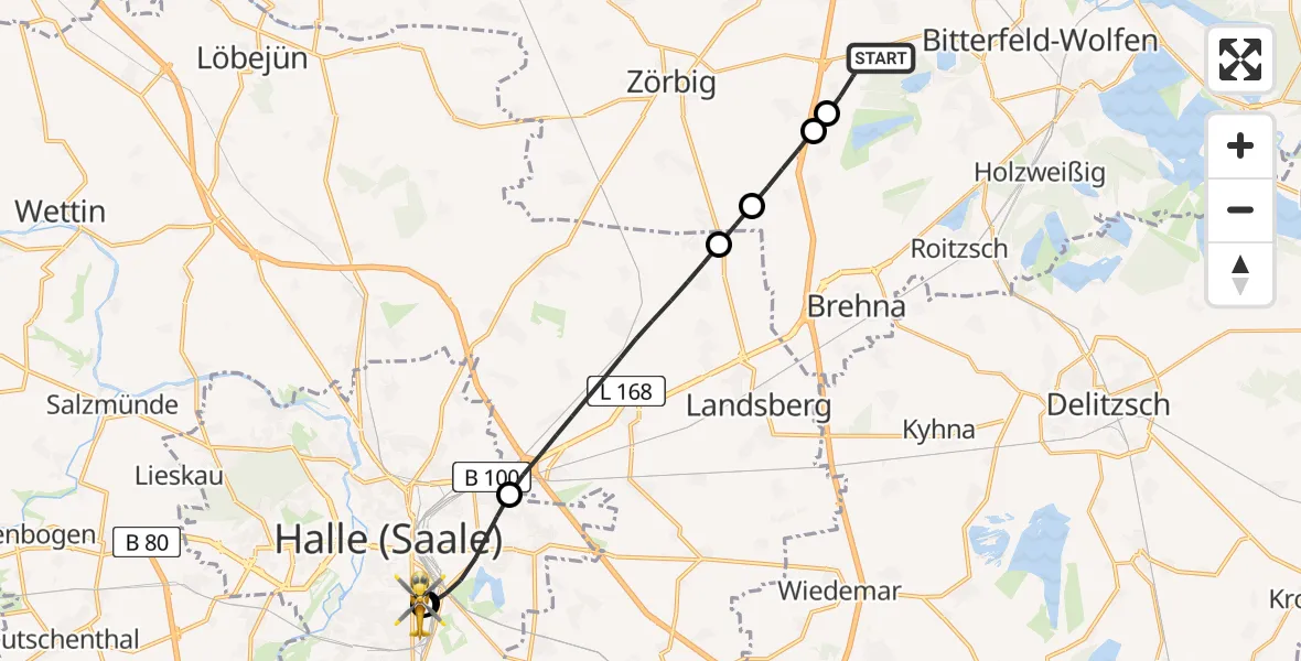Flugroute Rettungshubschrauber Sandersdorf-Brehna - BG Hospital Bergmannstrost Halle, 08 Juli 2026, 12:46