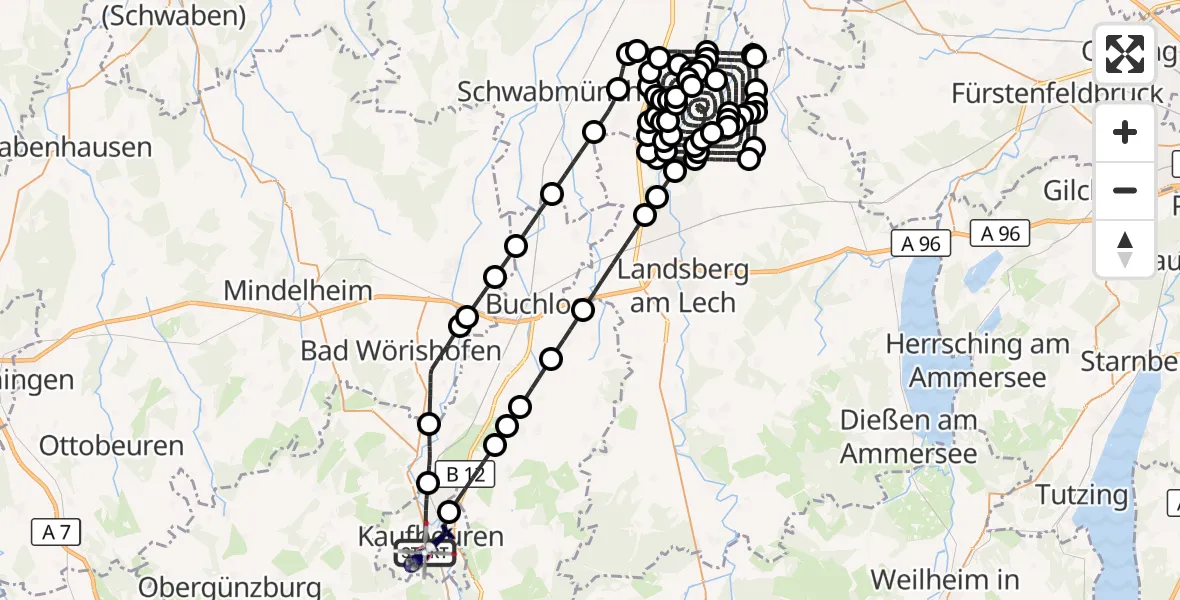 Flugroute Polizeihubschrauber Kaufbeuren - Kaufbeuren, 08 Juli 2026, 12:48