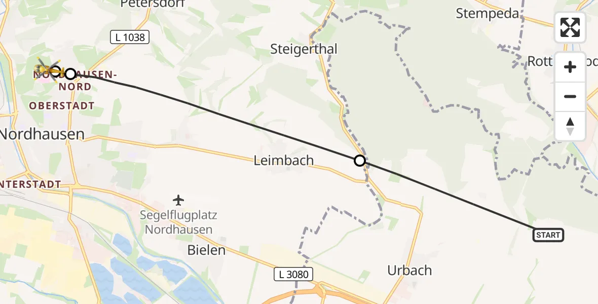 Flugroute Rettungshubschrauber Urbach - Südharz Hospital Nordhausen, 08 Juli 2026, 12:51