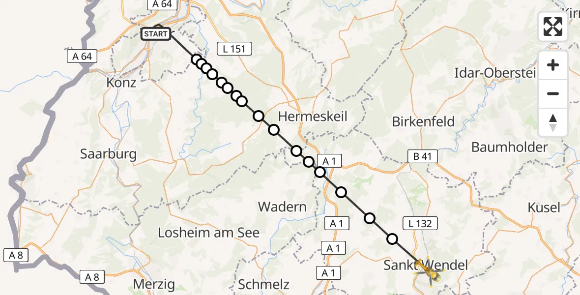Flugroute Rettungshubschrauber Trier - St. Wendel, 08 Juli 2026, 12:51