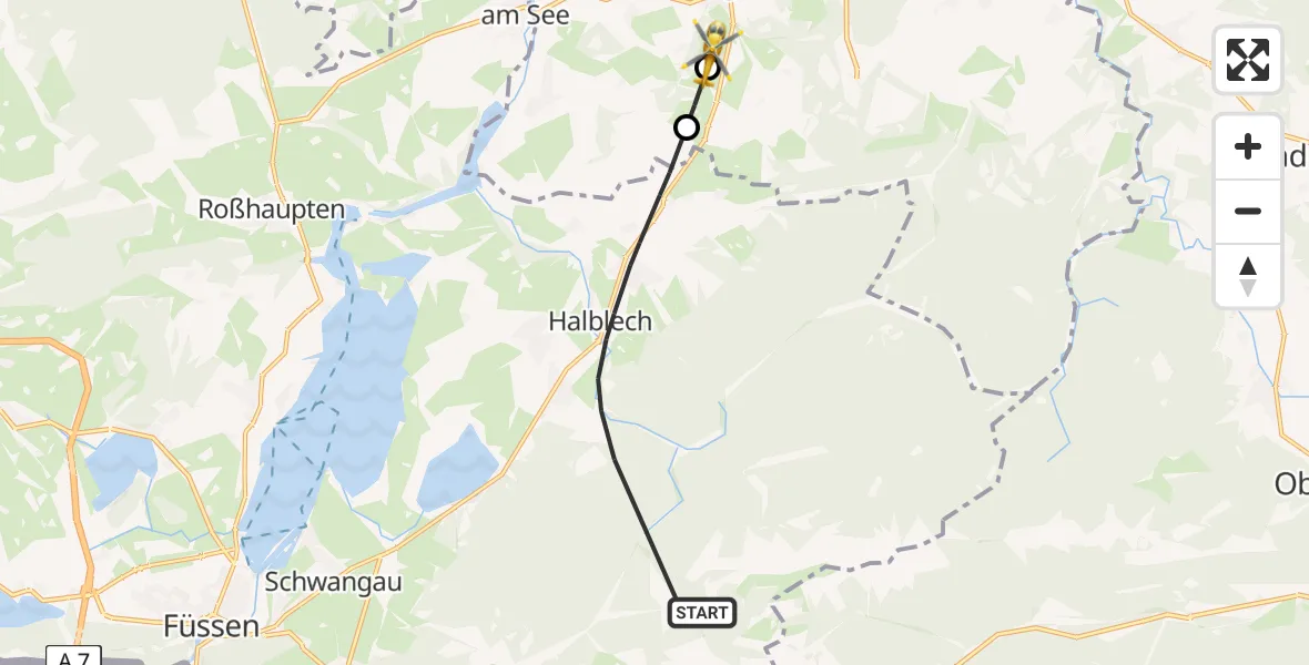 Flugroute Rettungshubschrauber Halblech - Steingaden, 08 Juli 2026, 12:52