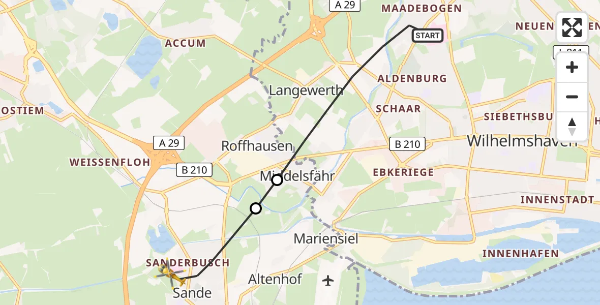 Flugroute Rettungshubschrauber Wilhelmshaven - Sande, 08 Juli 2026, 12:56