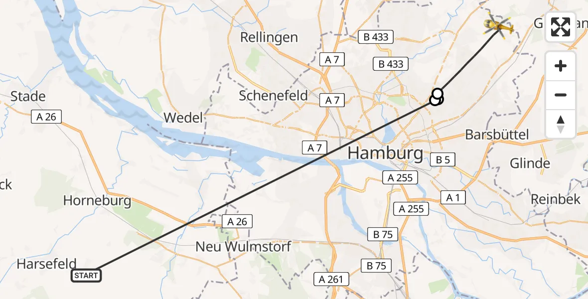 Flugroute Rettungshubschrauber Harsefeld - Hamburg, 08 Juli 2026, 12:57