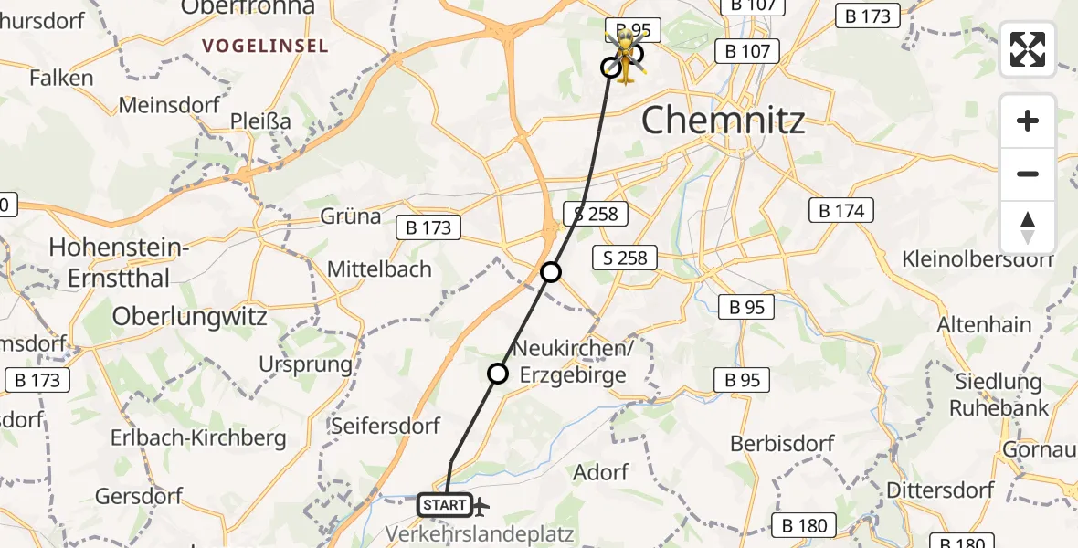 Flugroute Rettungshubschrauber Jahnsdorf/Erzgeb. - Flemmingstraße Hospital Rooftop, 08 Juli 2026, 12:57