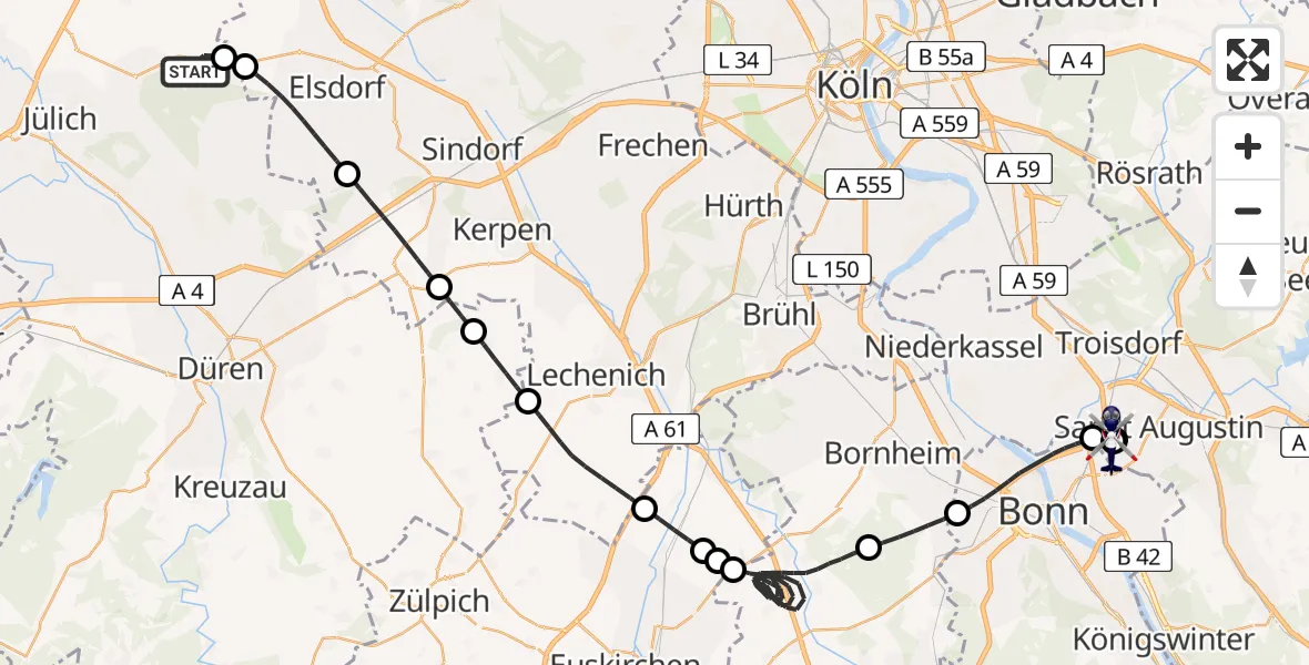 Flugroute Polizeihubschrauber Titz - Sankt Augustin, 08 Juli 2026, 12:58