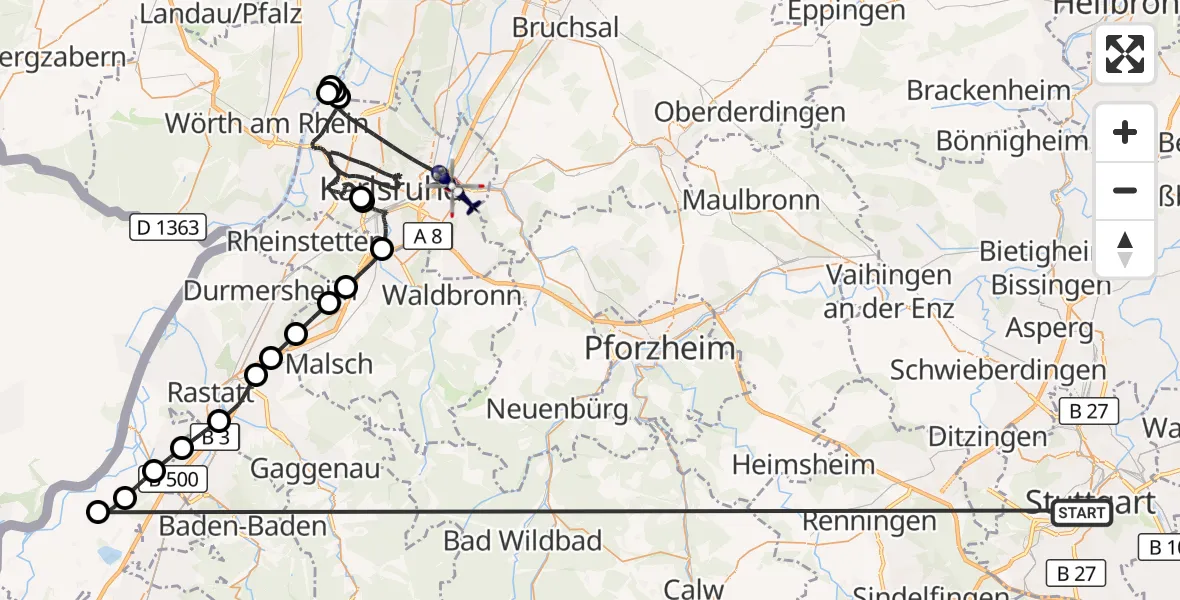 Flugroute Polizeihubschrauber Stuttgart - Karlsruhe, 08 Juli 2026, 12:59