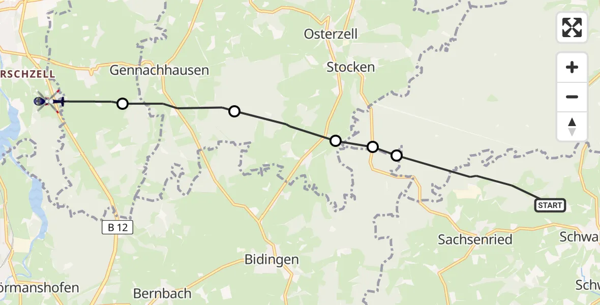 Flugroute Polizeihubschrauber Schwabsoien - Kaufbeuren, 08 Juli 2026, 13:02