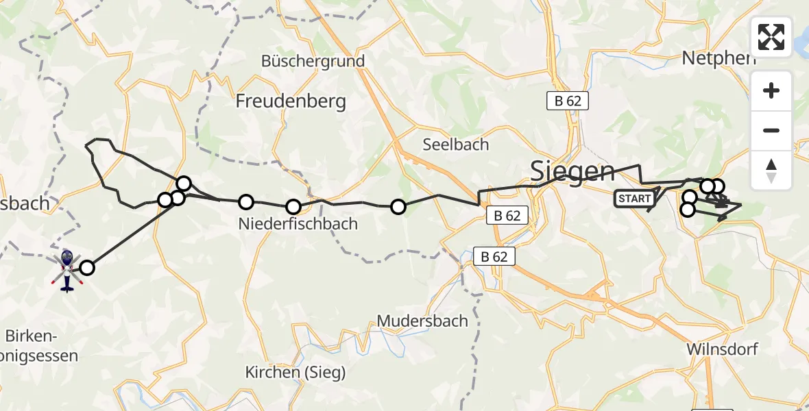 Flugroute Polizeihubschrauber Siegen - Birken-Honigsessen, 08 Juli 2026, 13:03