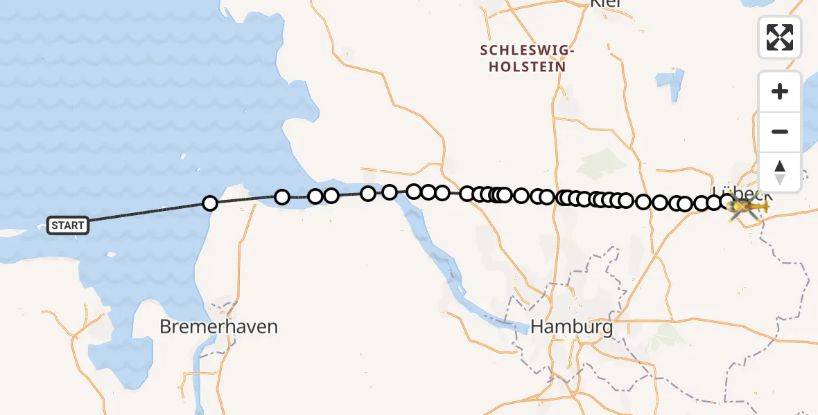 Flugroute Rettungshubschrauber Noordzee - Lübeck, 08 Juli 2026, 13:03