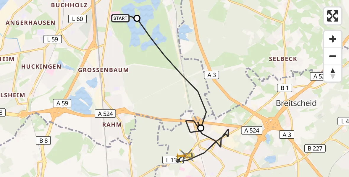 Flugroute Rettungshubschrauber Duisburg Air Rescue Hubschrauberlandeplatz (Christoph 9) - Ratingen, 08 Juli 2026, 13:05