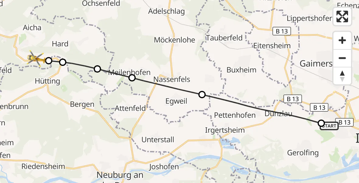 Flugroute Rettungshubschrauber Ingolstadt Hospital - Wellheim, 08 Juli 2026, 13:05