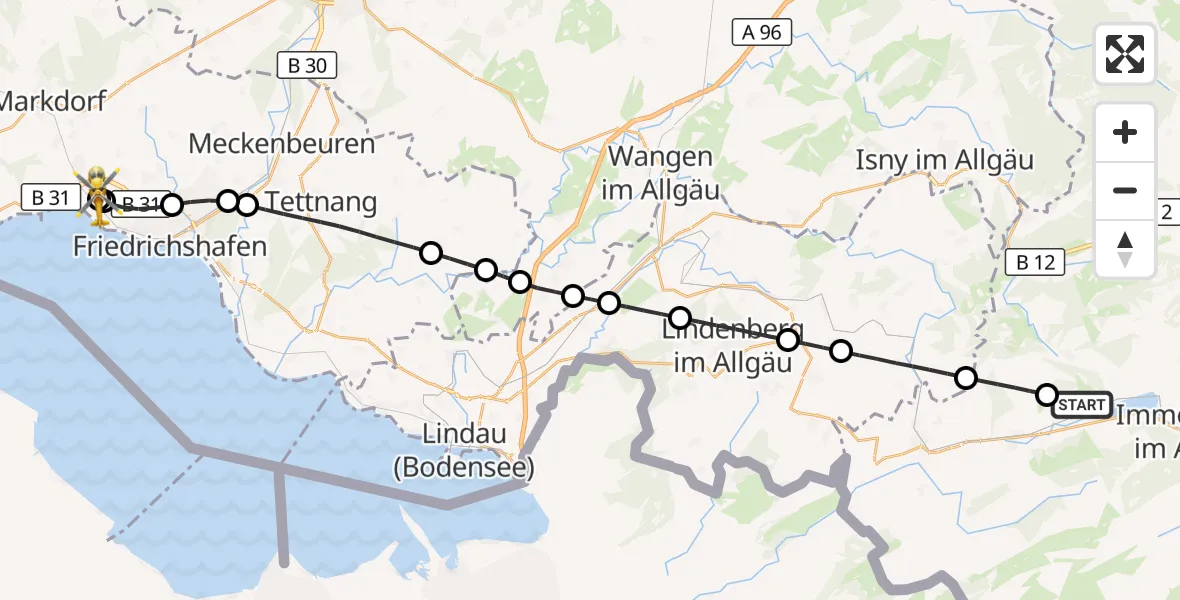 Flugroute Rettungshubschrauber Immenstadt i.Allgäu - Friedrichshafen Hospital, 08 Juli 2026, 13:07