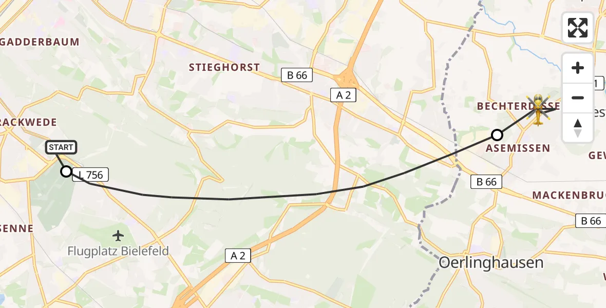Flugroute Rettungshubschrauber Luftrettungszentrum Bielefeld - Leopoldshöhe, 08 Juli 2026, 13:07