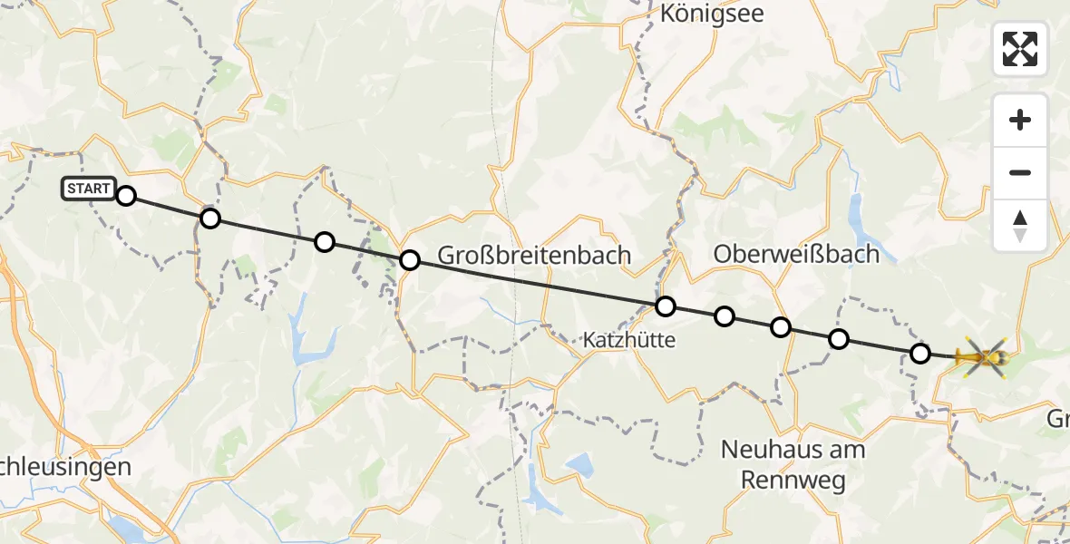 Flugroute Rettungshubschrauber Schleusingen - Saalfeld/Saale, 08 Juli 2026, 13:07