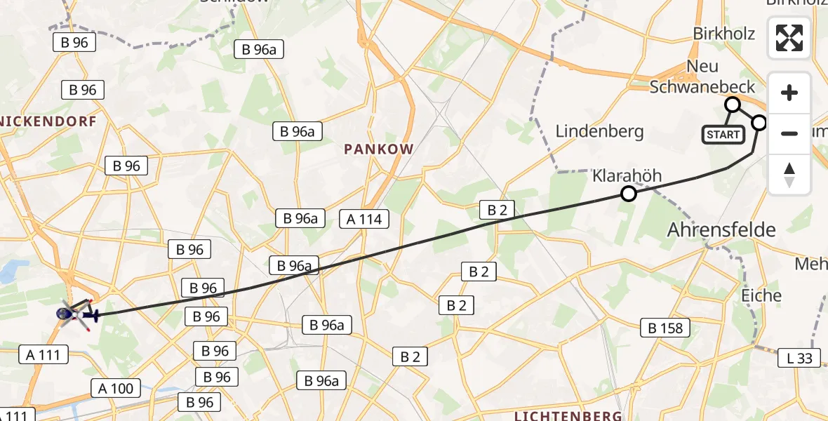 Flugroute Polizeihubschrauber Ahrensfelde Hubschrauberlandeplatz - Berlin, 08 Juli 2026, 13:10