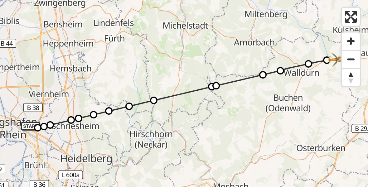 Flugroute Rettungshubschrauber Mannheim-City Flughafen - Hardheim, 08 Juli 2026, 13:11