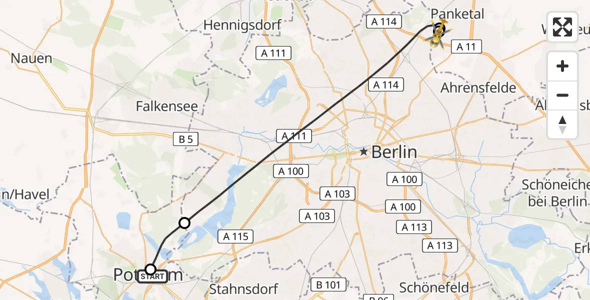 Flugroute Rettungshubschrauber Ernst von Bergmann Clinic Hubschrauberlandeplatz - Helios Clinic Berlin-Buch, 08 Juli 2026, 13:13