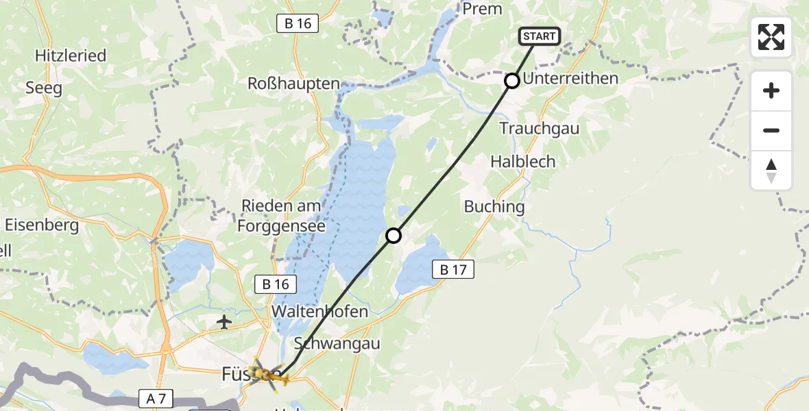 Flugroute Rettungshubschrauber Prem - Füssen, 08 Juli 2026, 13:15
