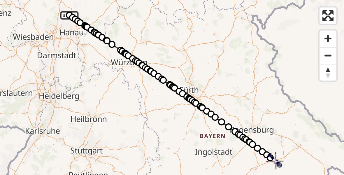Flugroute Polizeihubschrauber Reichelsheim (Wetterau) - Moosthenning, 08 Juli 2026, 13:15