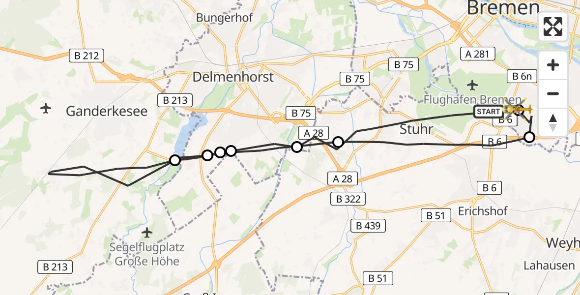 Flugroute Rettungshubschrauber Stuhr - ADAC Air Rescue Station Bremen Hubschrauberlandeplatz (Christoph 6), 08 Juli 2026, 13:15