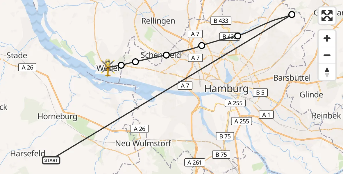 Flugroute Rettungshubschrauber Harsefeld - Wedel, 08 Juli 2026, 13:18