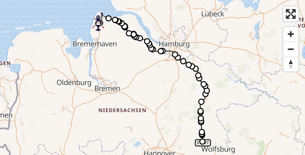 Flugroute Polizeihubschrauber Gifhorn Bundespolizei Hubschrauberlandeplatz - Wurster Nordseeküste, 08 Juli 2026, 13:19
