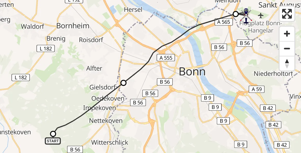 Flugroute Polizeihubschrauber Swisttal - Sankt Augustin, 08 Juli 2026, 13:22