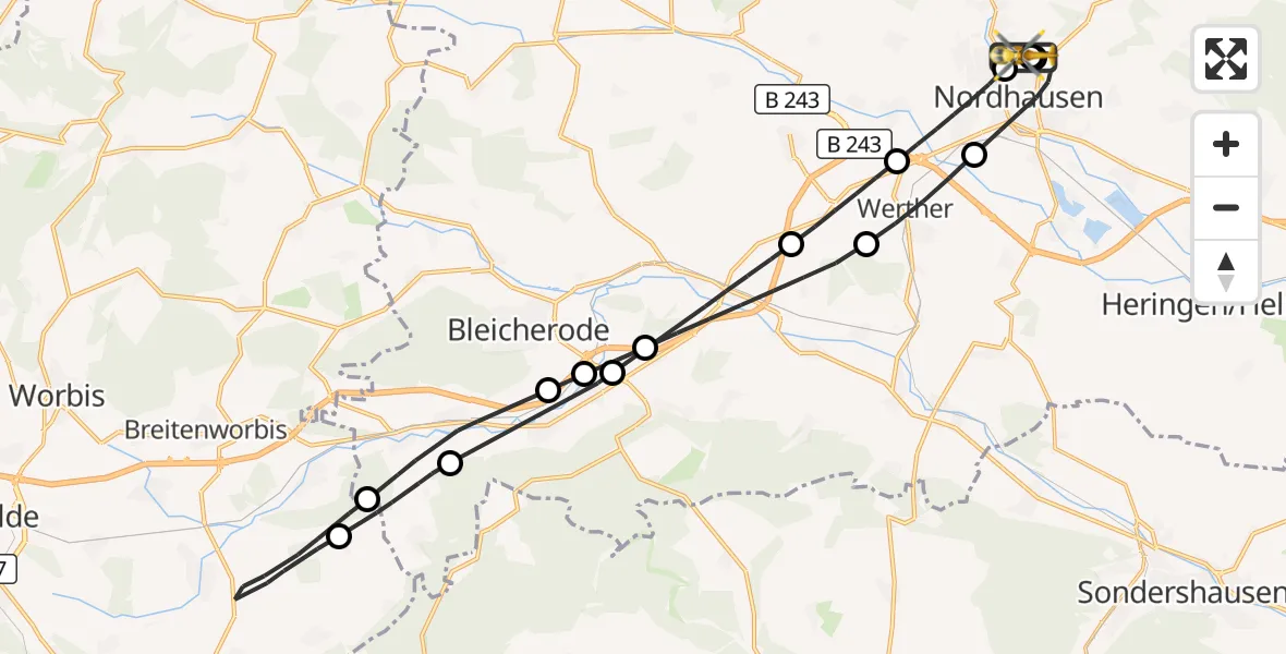 Flugroute Rettungshubschrauber Südharz Hospital Nordhausen - Südharz Hospital Nordhausen, 08 Juli 2026, 13:23