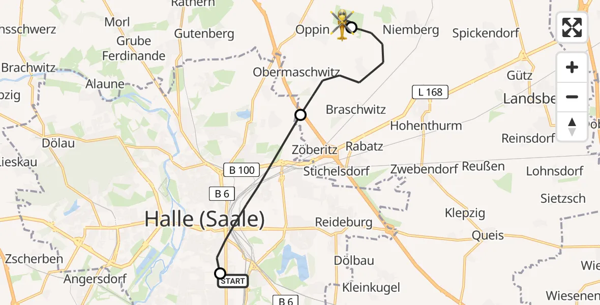 Flugroute Rettungshubschrauber BG Hospital Bergmannstrost Halle - Halle-Oppin Flugplatz, 08 Juli 2026, 13:23
