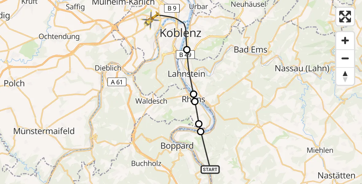 Flugroute Rettungshubschrauber Kamp-Bornhofen - Koblenz, 08 Juli 2026, 13:28