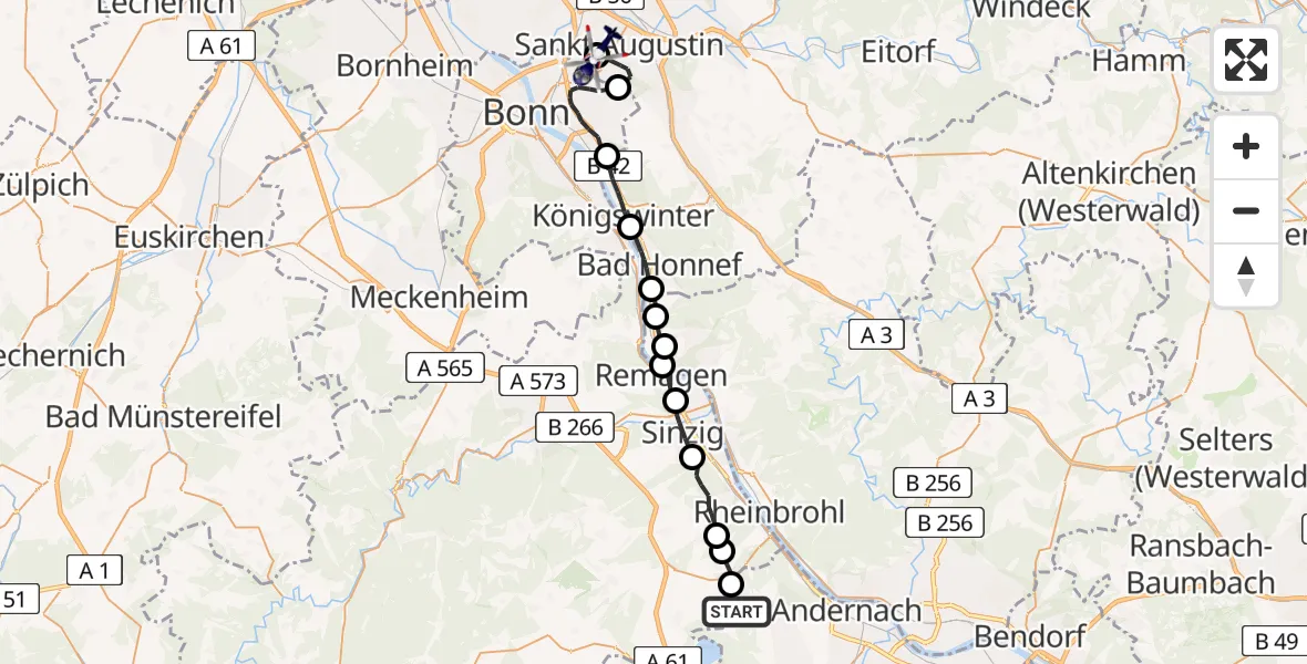 Flugroute Polizeihubschrauber Andernach - Bonn-Hangelar Flugplatz, 08 Juli 2026, 13:29
