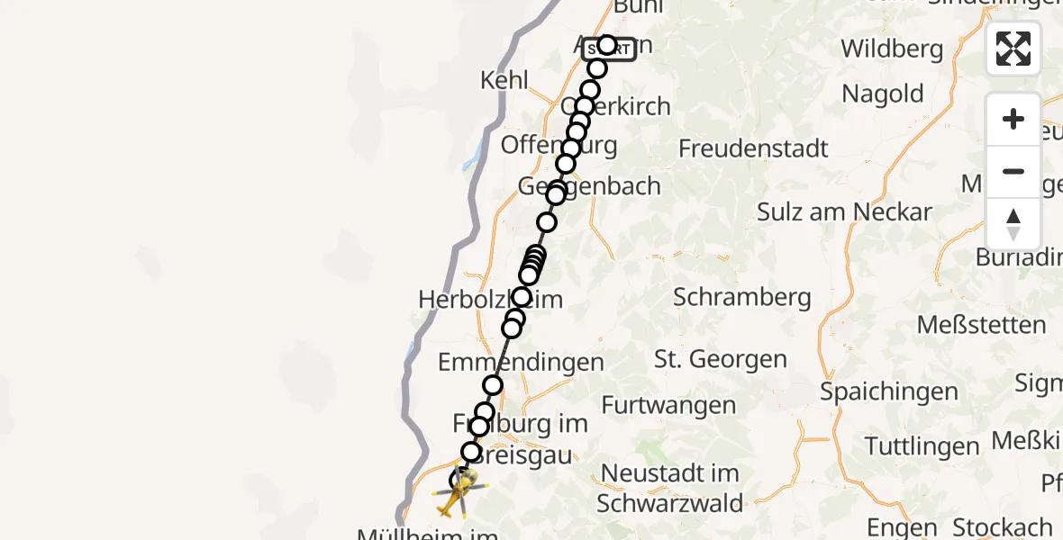 Flugroute Rettungshubschrauber Ortenau Hospital Achern - Bad Krozingen, 08 Juli 2026, 13:32