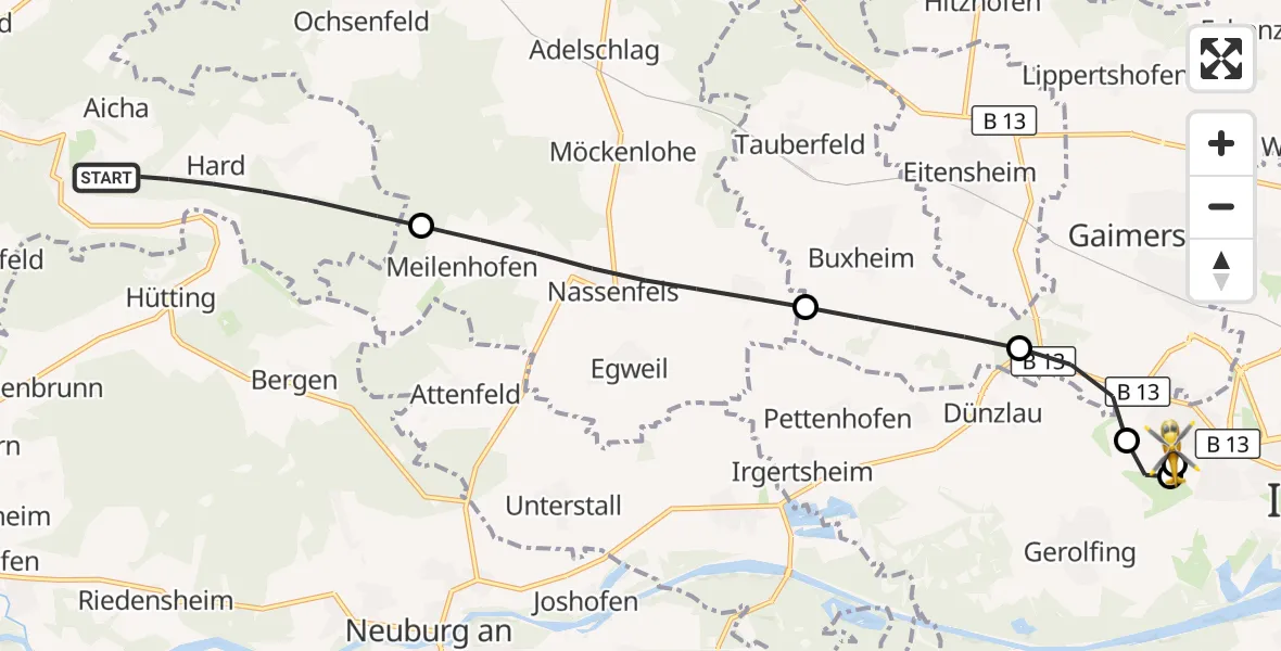 Flugroute Rettungshubschrauber Wellheim - Ingolstadt Hospital, 08 Juli 2026, 13:33